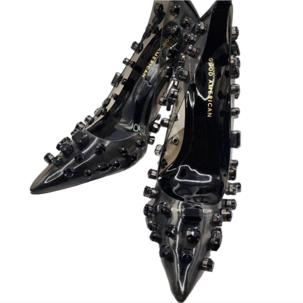 Good American Diamond Forever Heels Rhinestone Black Pumps FLAWED Size 5